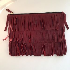 Ceri Hoover wine suede fringe clutch purse